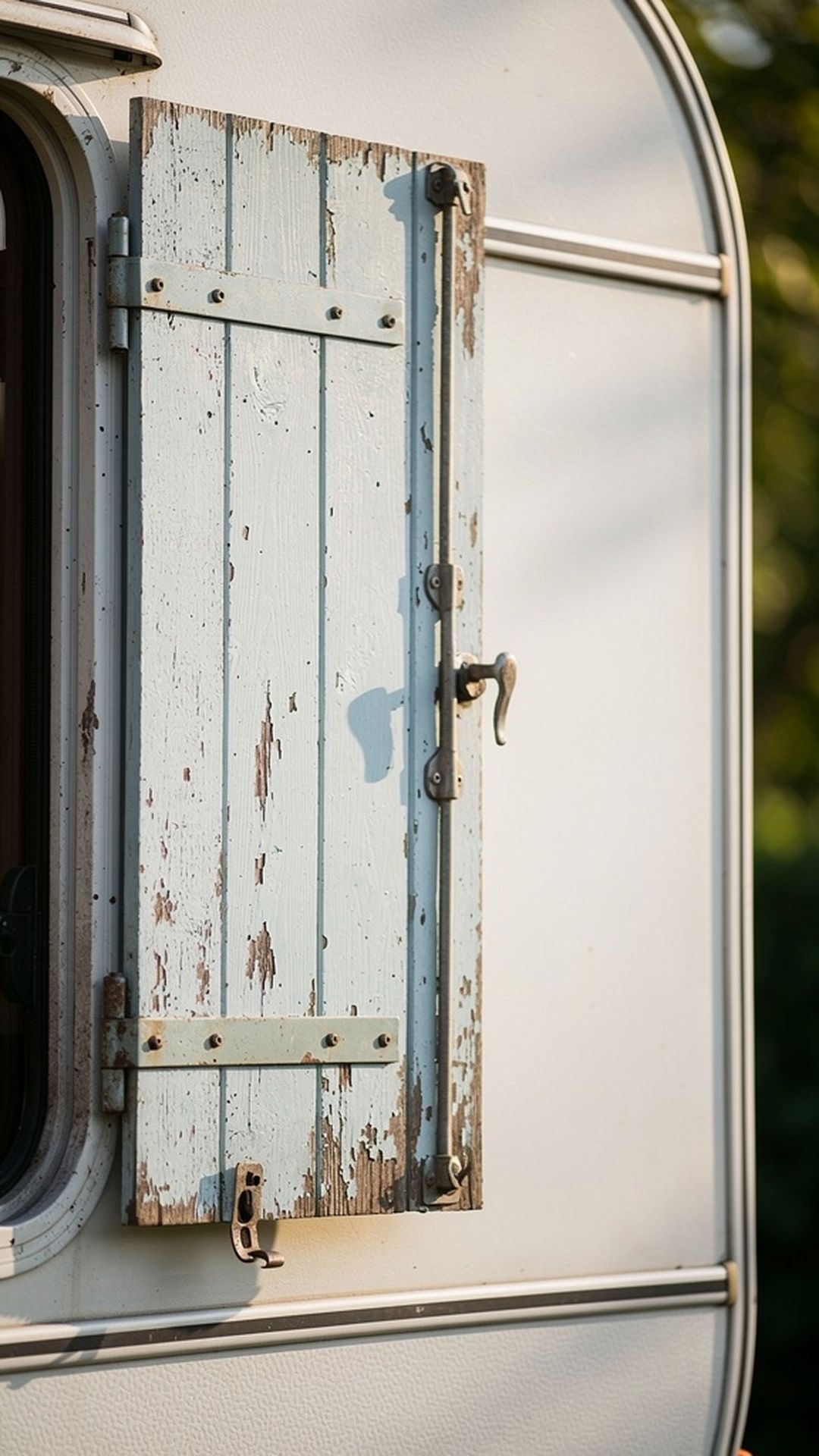 Pale blue vintage French shutters on RV exterior