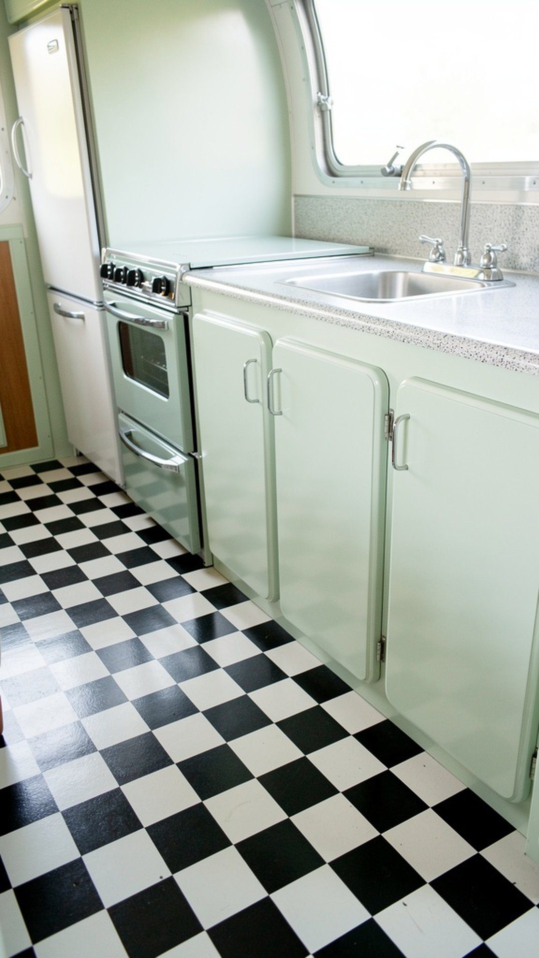Vintage camper kitchen with black and white checkerboard floor
