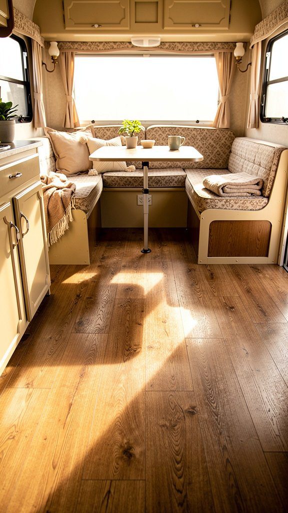 Luxury vinyl plank flooring in vintage camper
