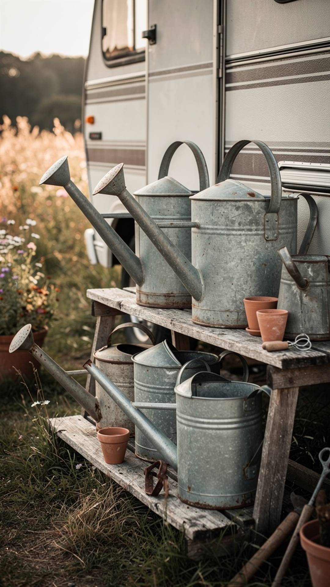Galvanized vintage watering cans on wooden shelf