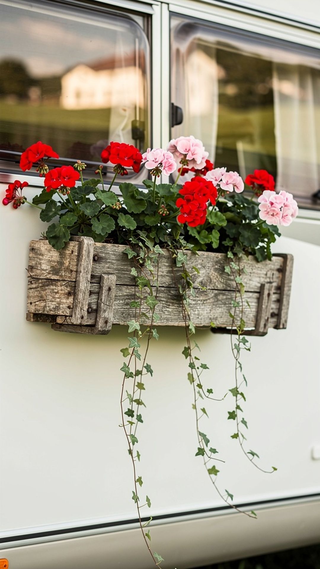 Wooden window boxes with overflowing geraniums on RV