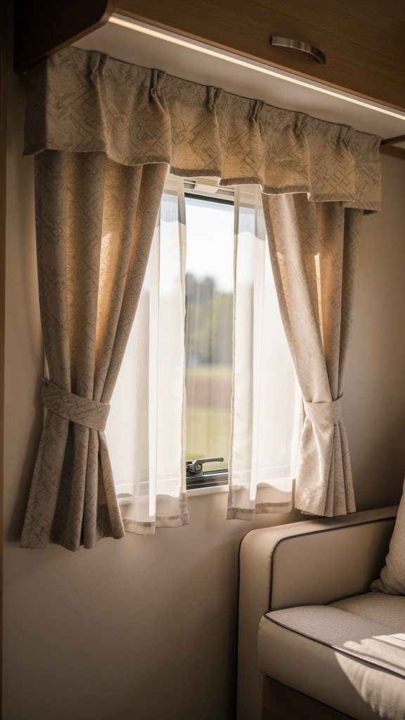 RV window with decorative curtains