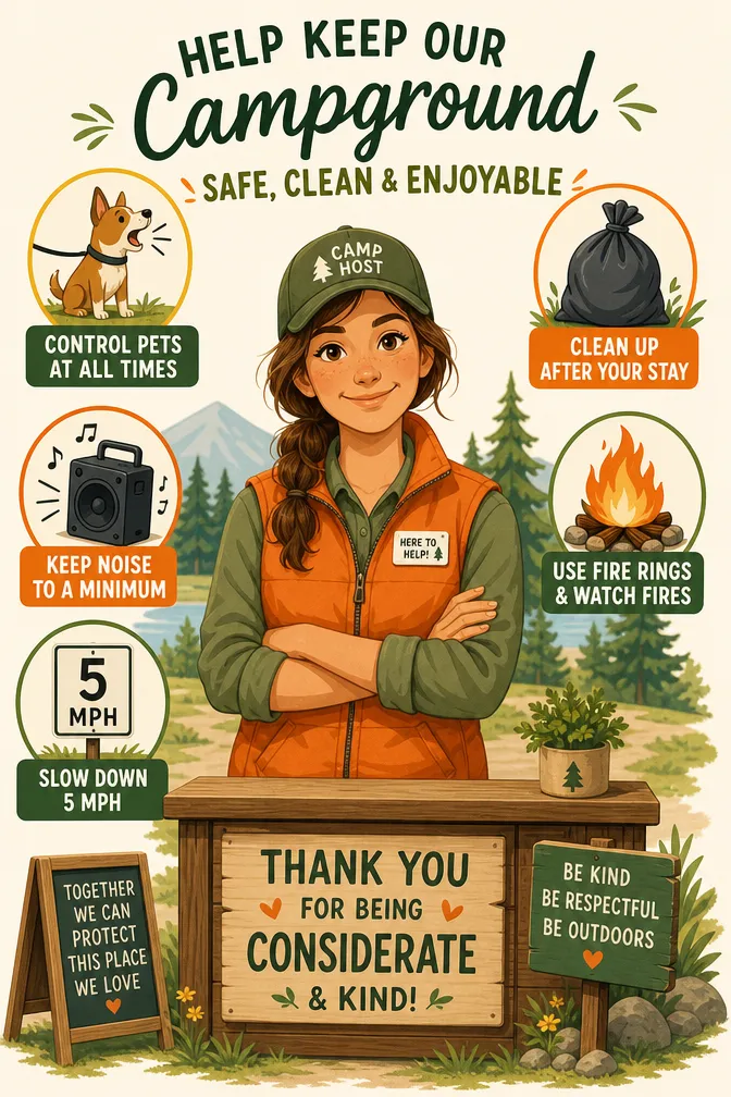 Editorial portrait/Pinterest format () bright natural daylight illustration: a friendly campground host in an orange vest