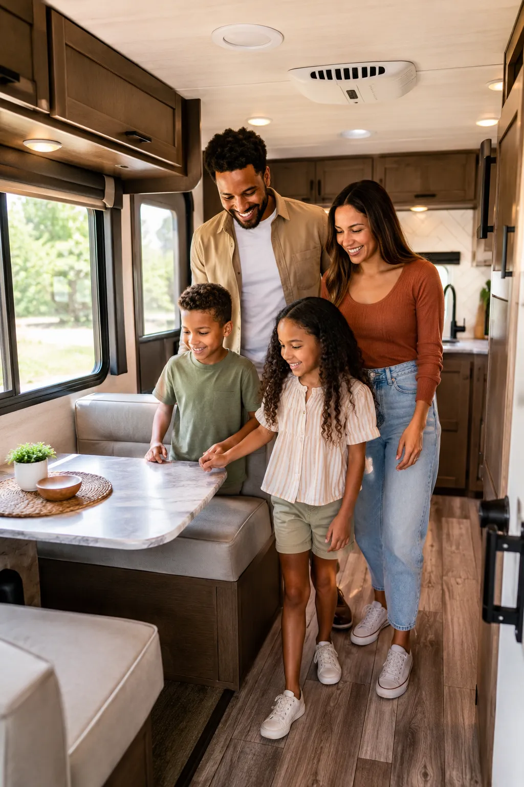 Editorial portrait/Pinterest format () bright natural daylight photograph of a happy mixed-race family — a Black father, a