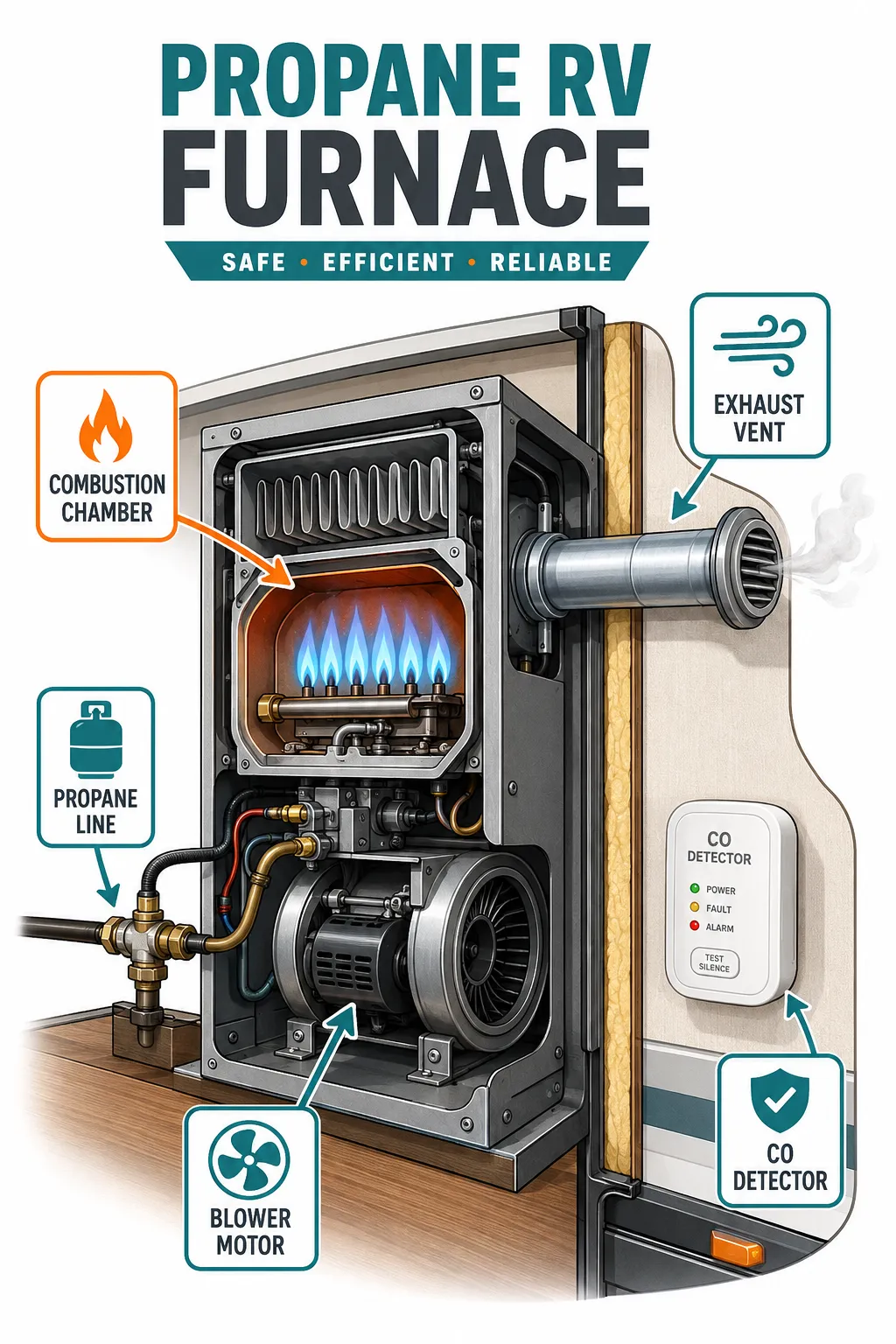 Editorial portrait/Pinterest format () labeled infographic illustration: cross-section diagram of a propane RV furnace