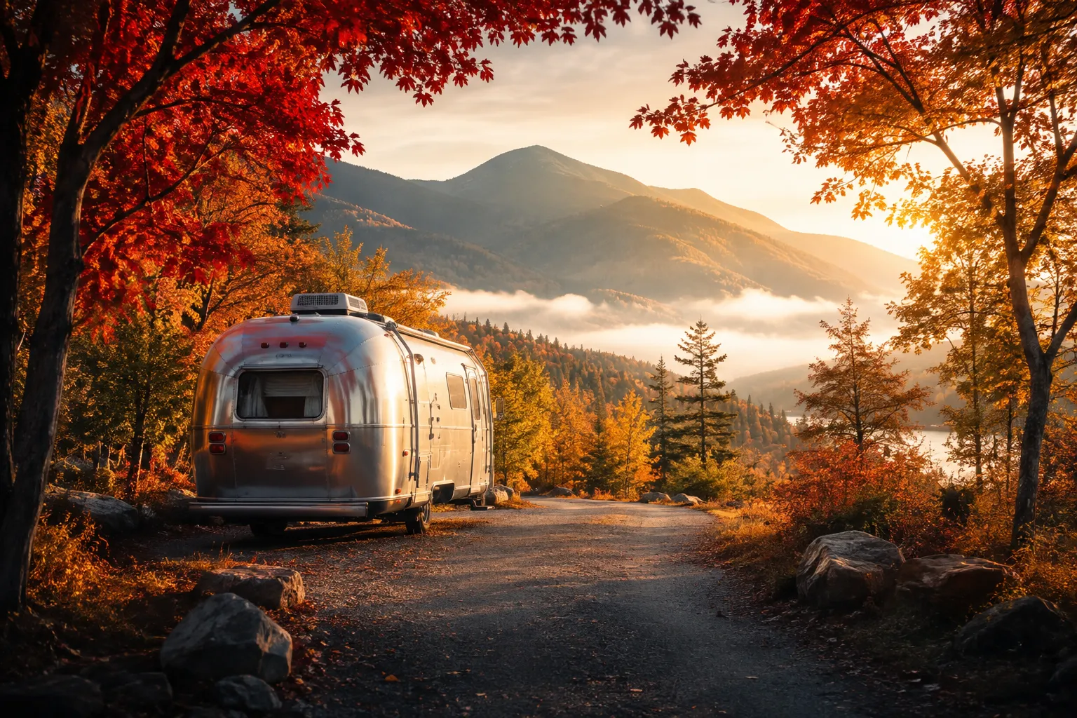 Editorial () cinematic photography: a vintage Airstream trailer parked on a quiet gravel road surrounded by vibrant fall
