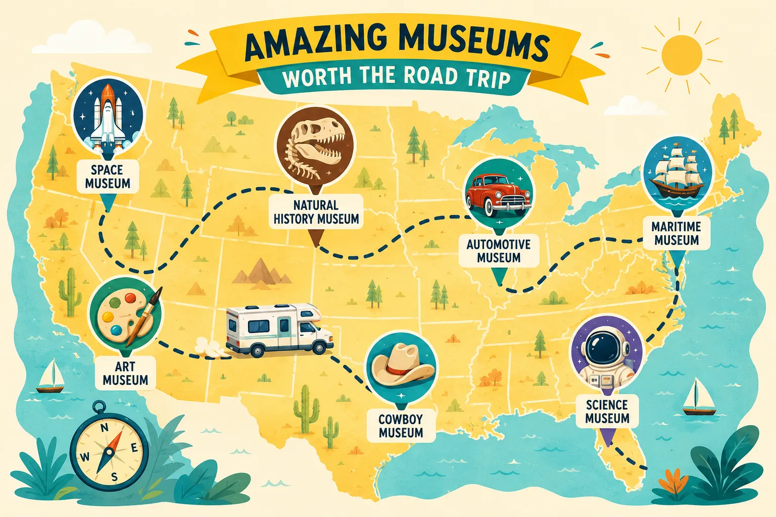 Editorial () flat-vector illustrated map of the United States with colorful museum icons pinned at various locations — art