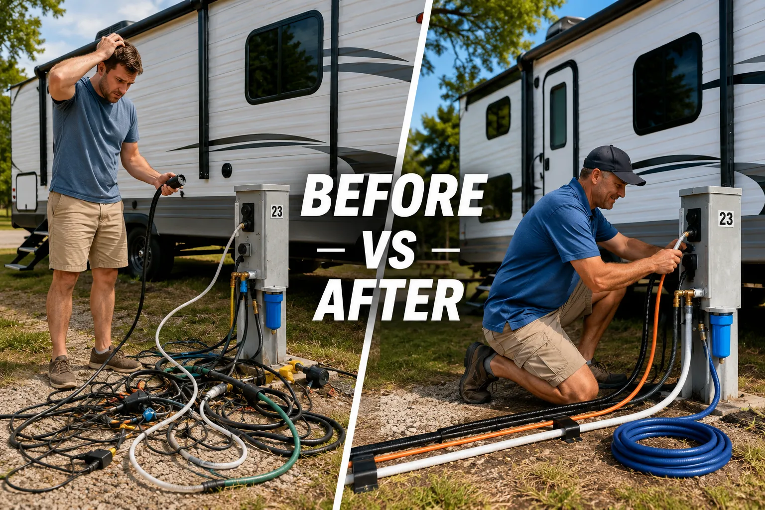 Editorial photography (): Split-screen composition — left half shows a stressed new RV owner in bright daylight standing