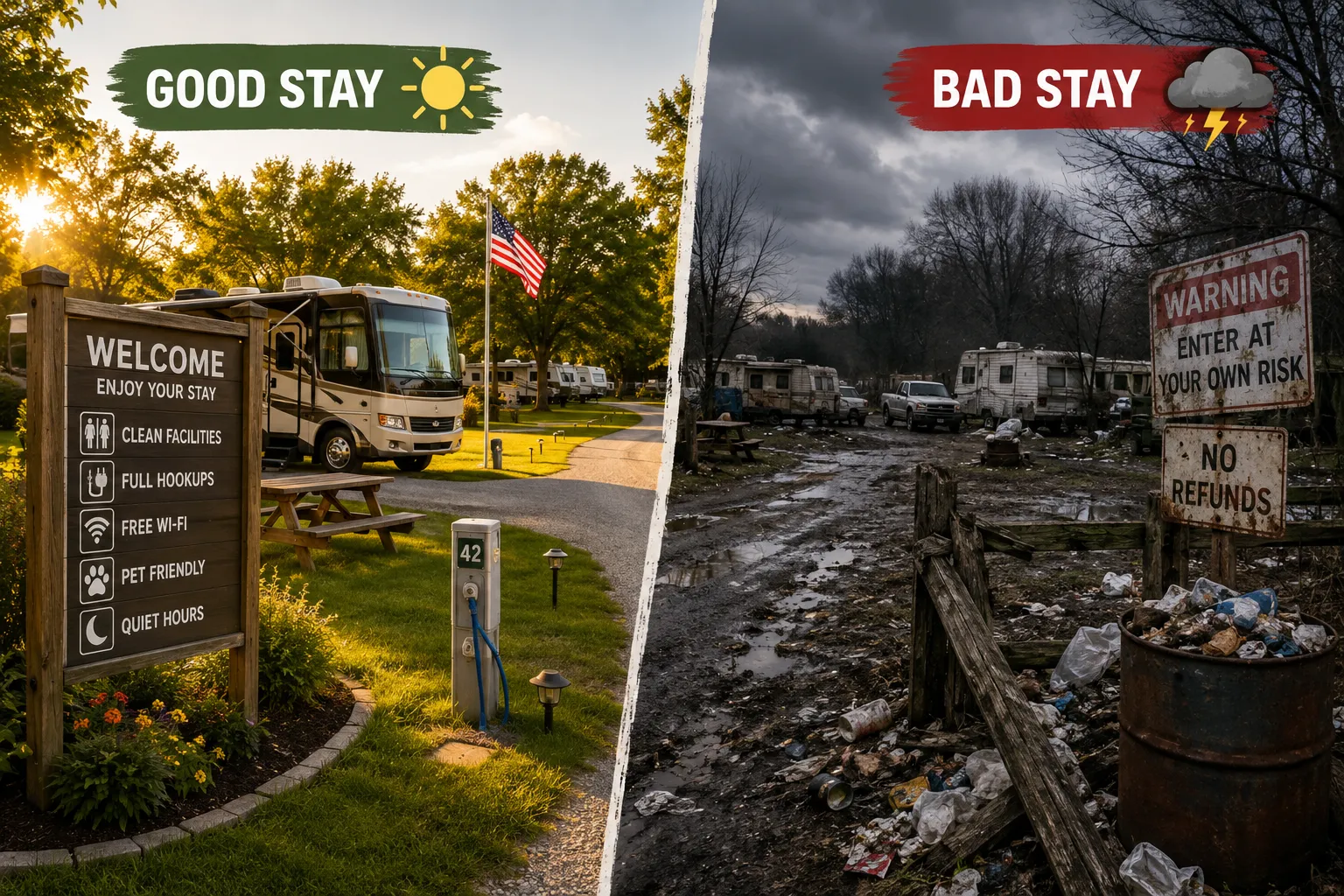 Editorial () split-screen comparison image: left half shows a clean, well-lit campground with manicured grass, and friendly