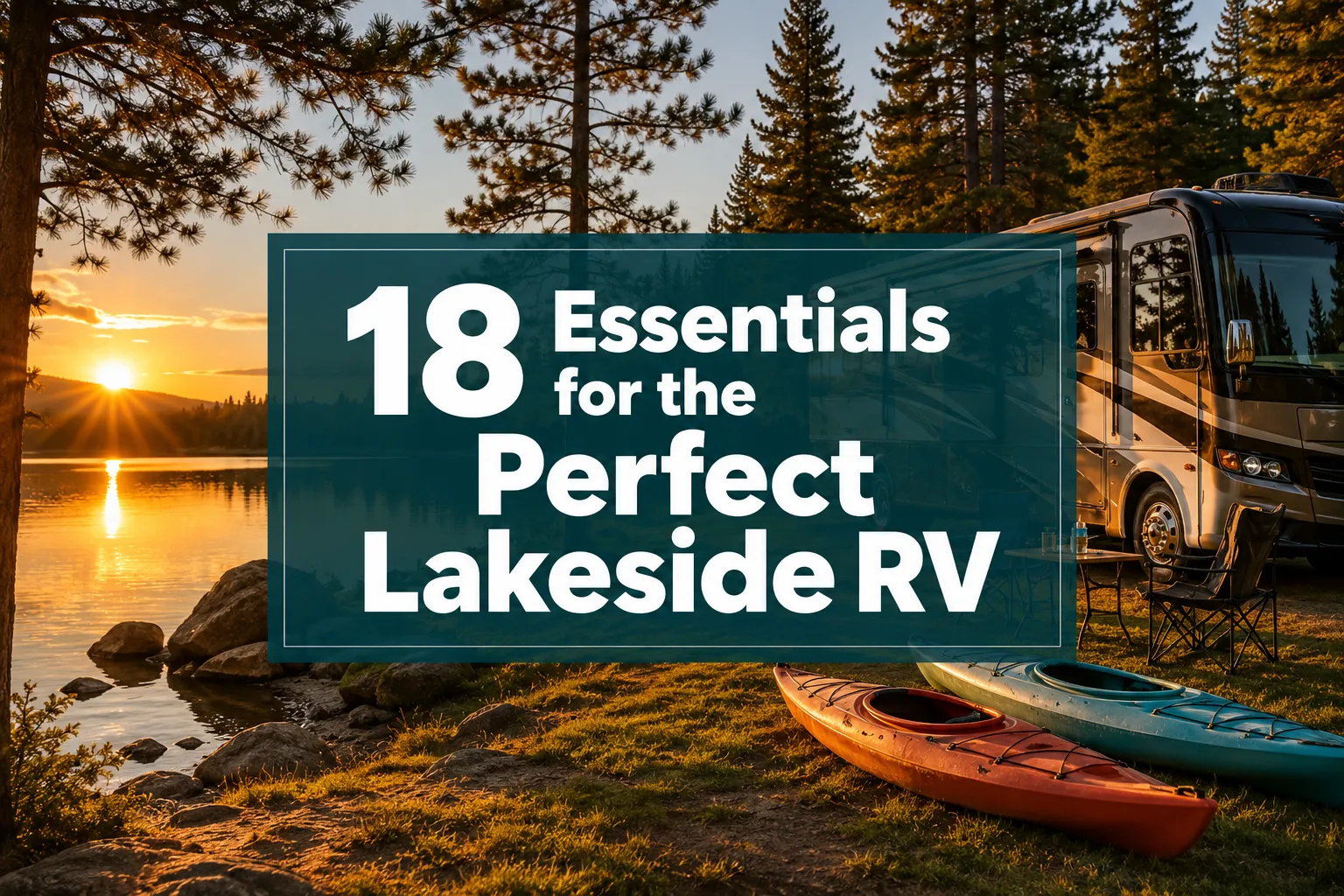 Professional () hero image with '18 Essentials for the Perfect Lakeside RV' in crisp white on a deep teal semi-transparent