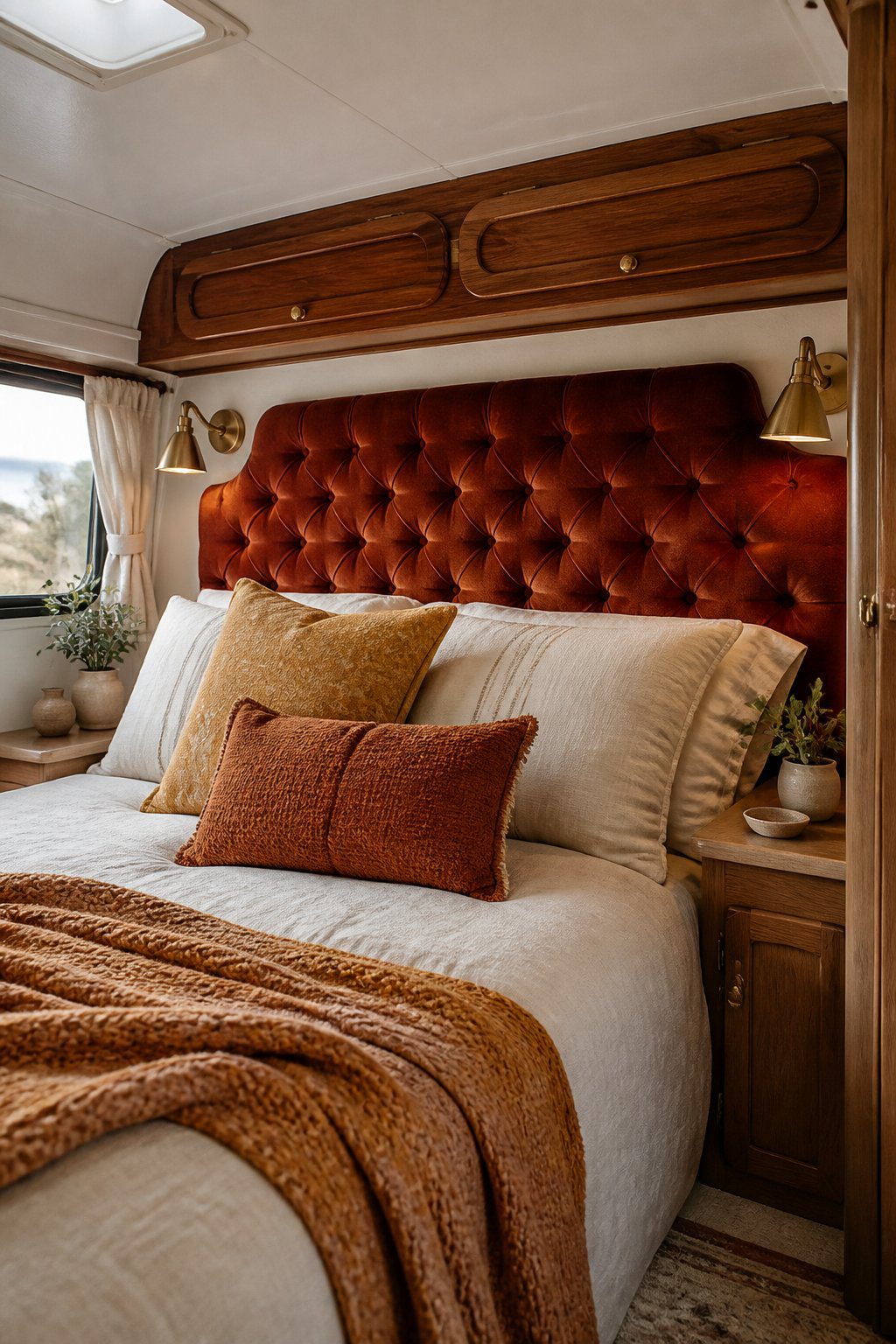 A cozy camper bedroom with a rust-colored tufted velvet headboard behind a neatly made bed.