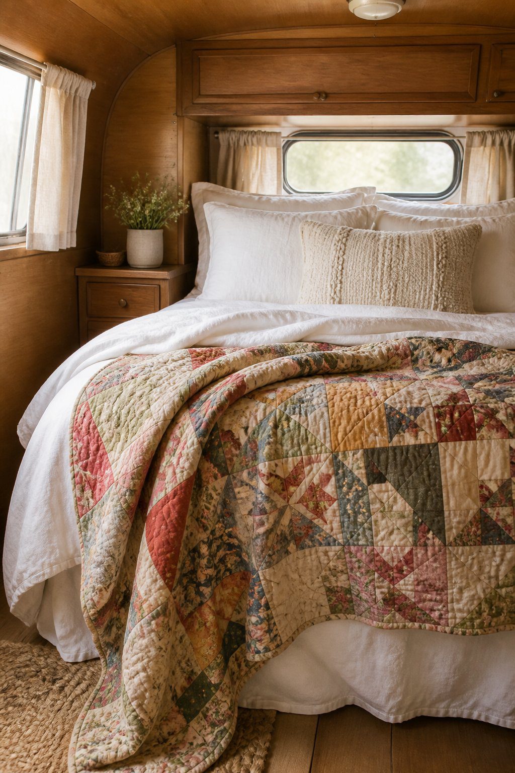 A colorful vintage quilt layered over crisp white bedding inside a cozy camper bedroom.