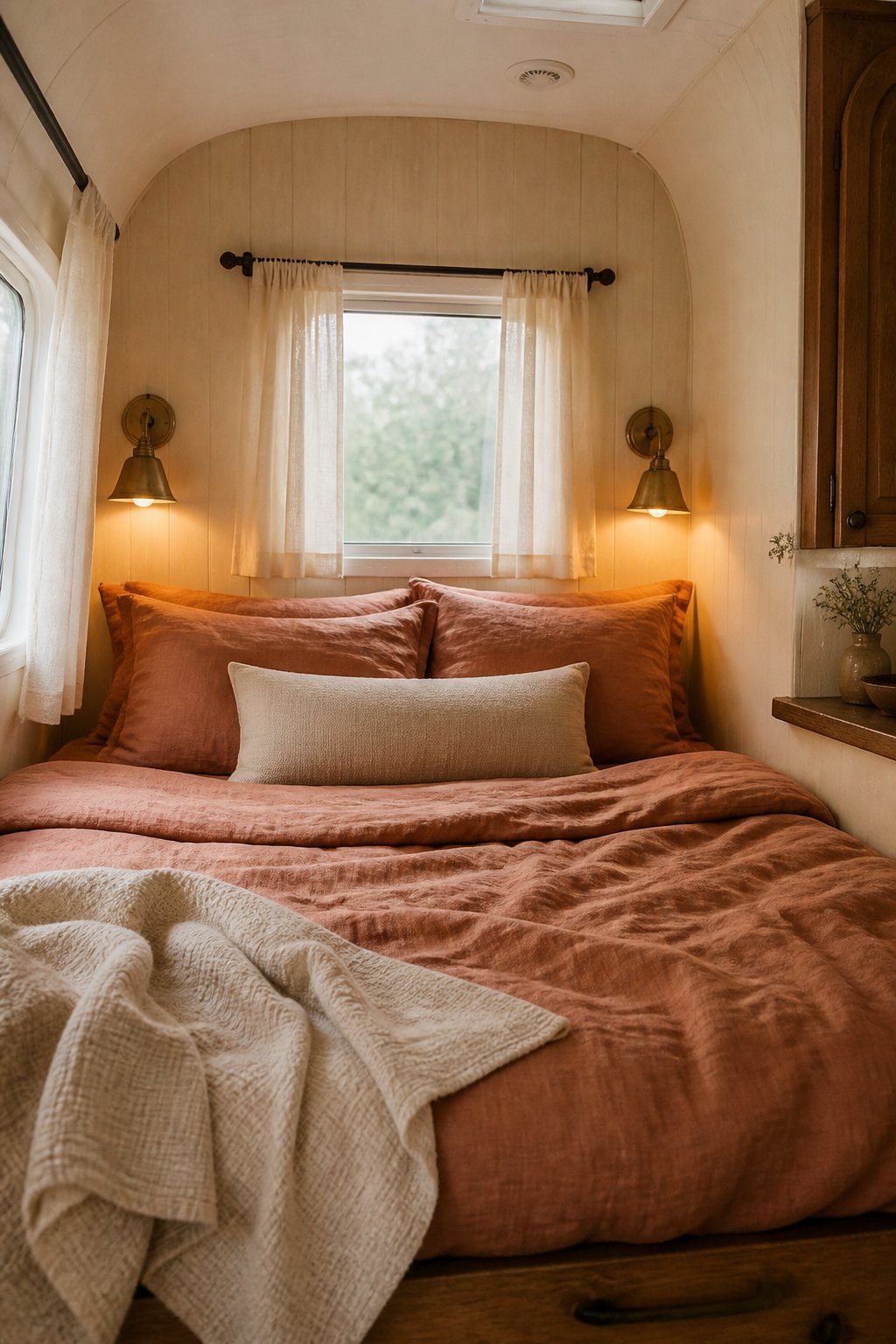 A cozy camper bedroom with a neatly made bed and two glowing brass reading sconces mounted beside it.