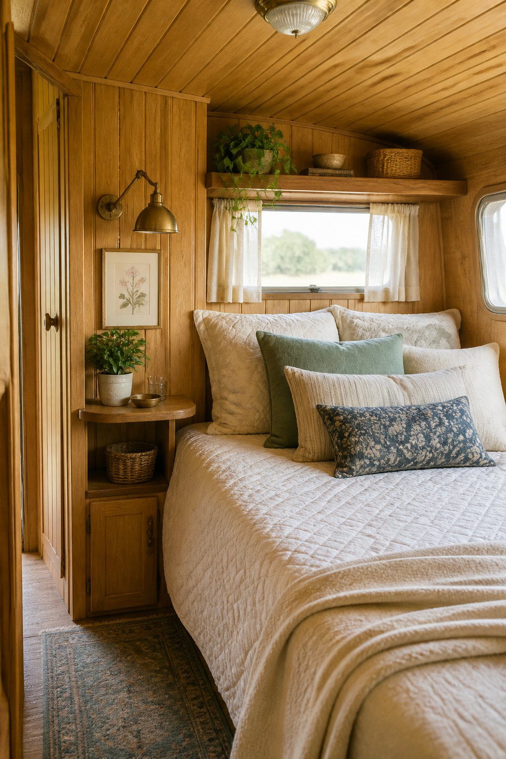 A cozy vintage camper bedroom with warm tongue-and-groove wood walls, a neatly made bed, and cottage-style decor.