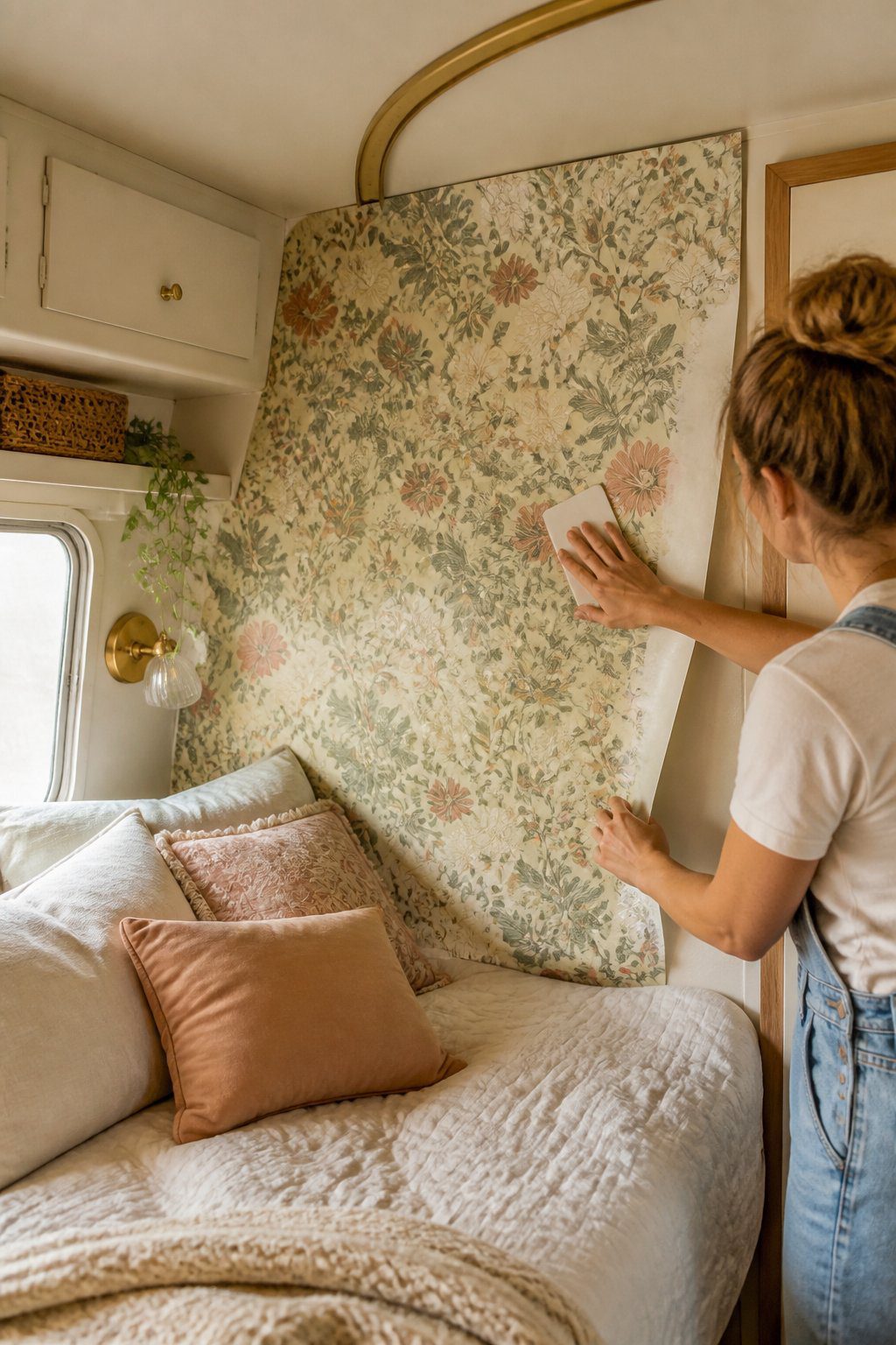 A cozy vintage camper bedroom nook with floral wallpaper being applied behind the bed.