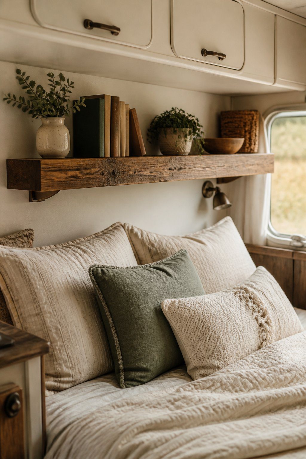 A reclaimed wood shelf hangs above pillows on a neatly made bed inside a cozy vintage camper.