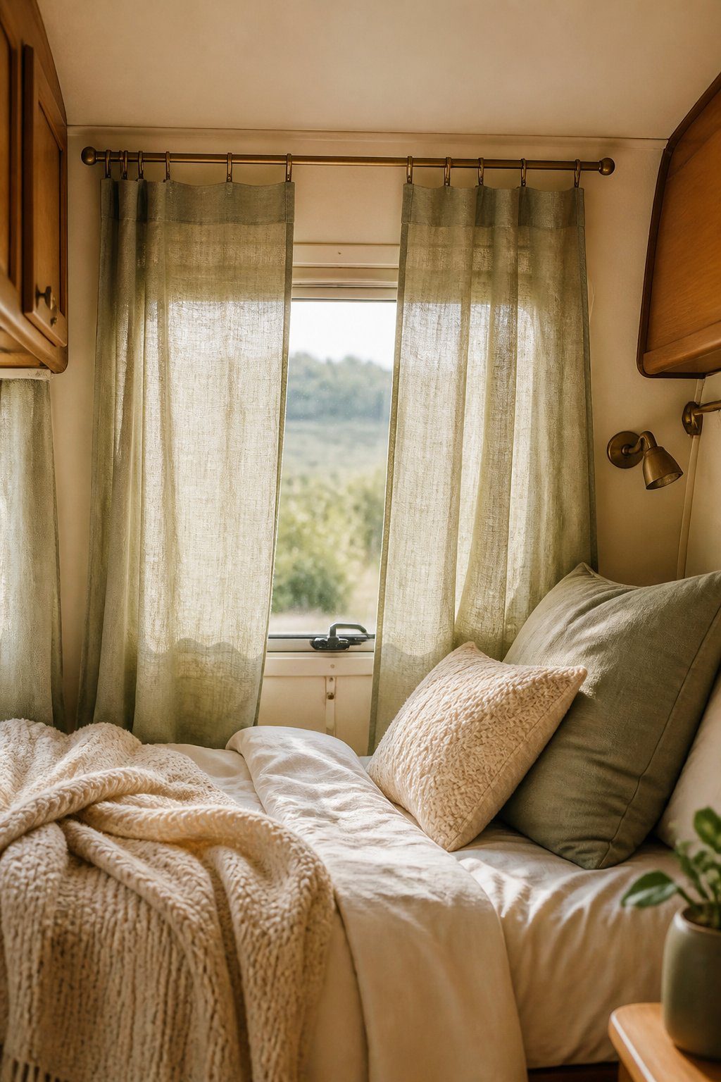 Oatmeal or sage linen curtains frame a window in a cozy vintage camper bedroom.