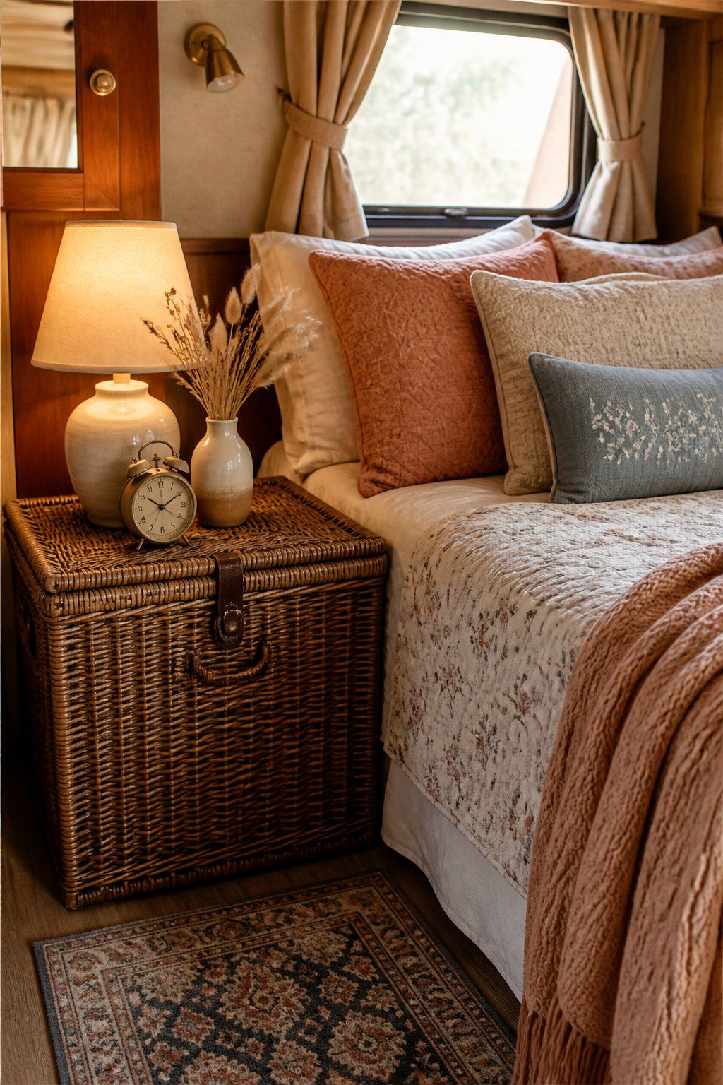 A woven trunk serves as a bedside table in a cozy vintage camper bedroom.