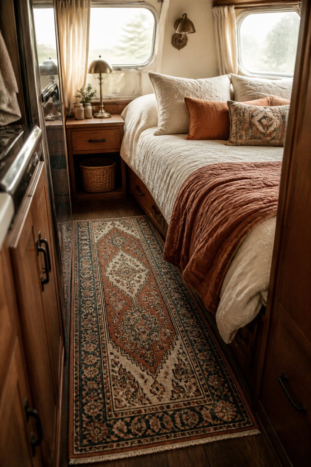 A cozy vintage camper bedroom with a patterned runner beside a neatly made bed.