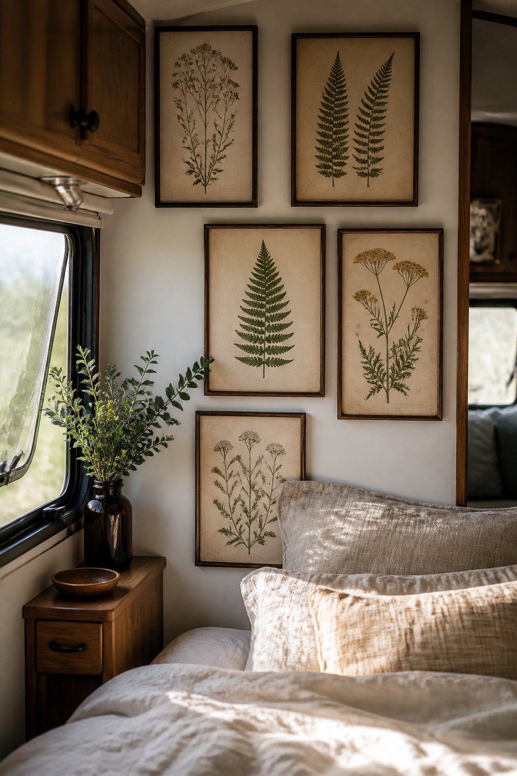 Framed botanical prints hang above a cozy bed in a vintage camper bedroom.