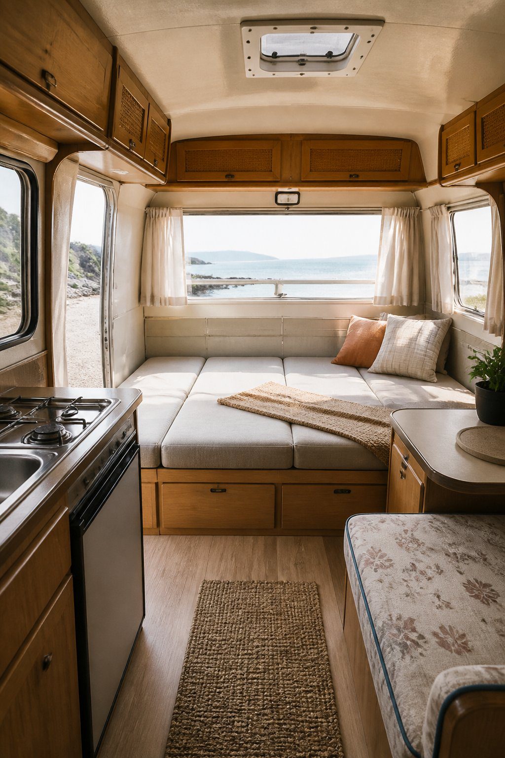 A renovated vintage camper interior with a compact dinette converted into a bed.