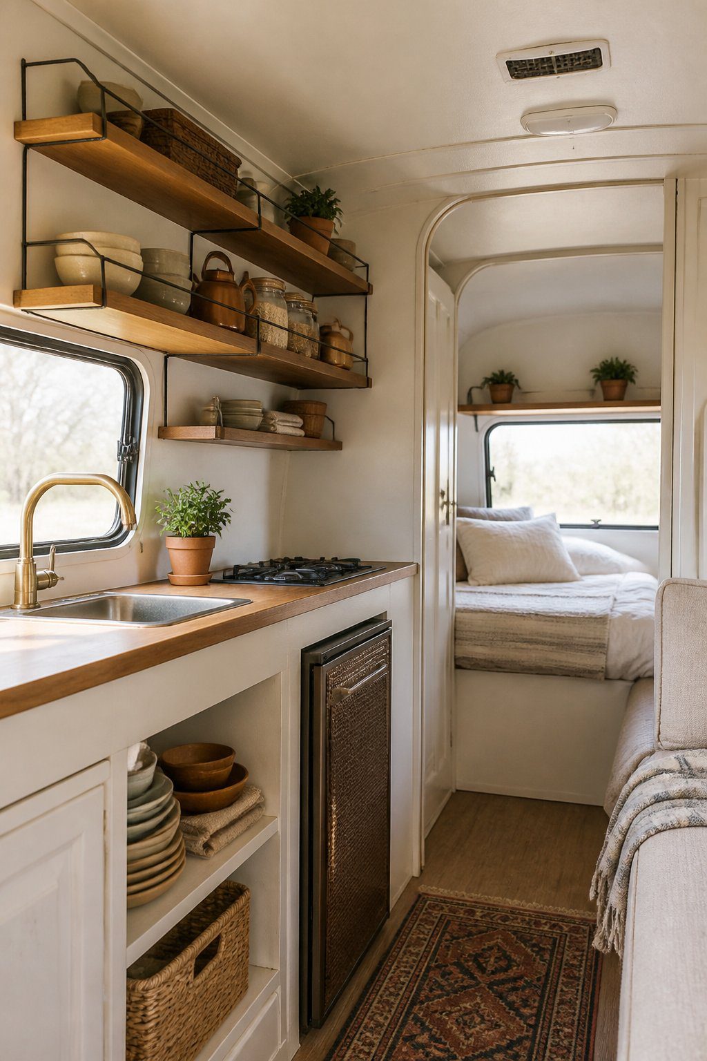 A renovated vintage camper interior with open wooden shelves displaying neatly organized kitchen items.