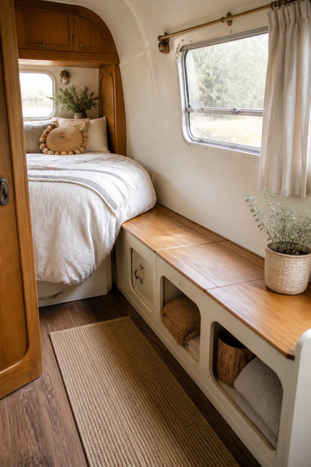 A vintage camper bedroom with a built-in storage bench along the side of the bed.