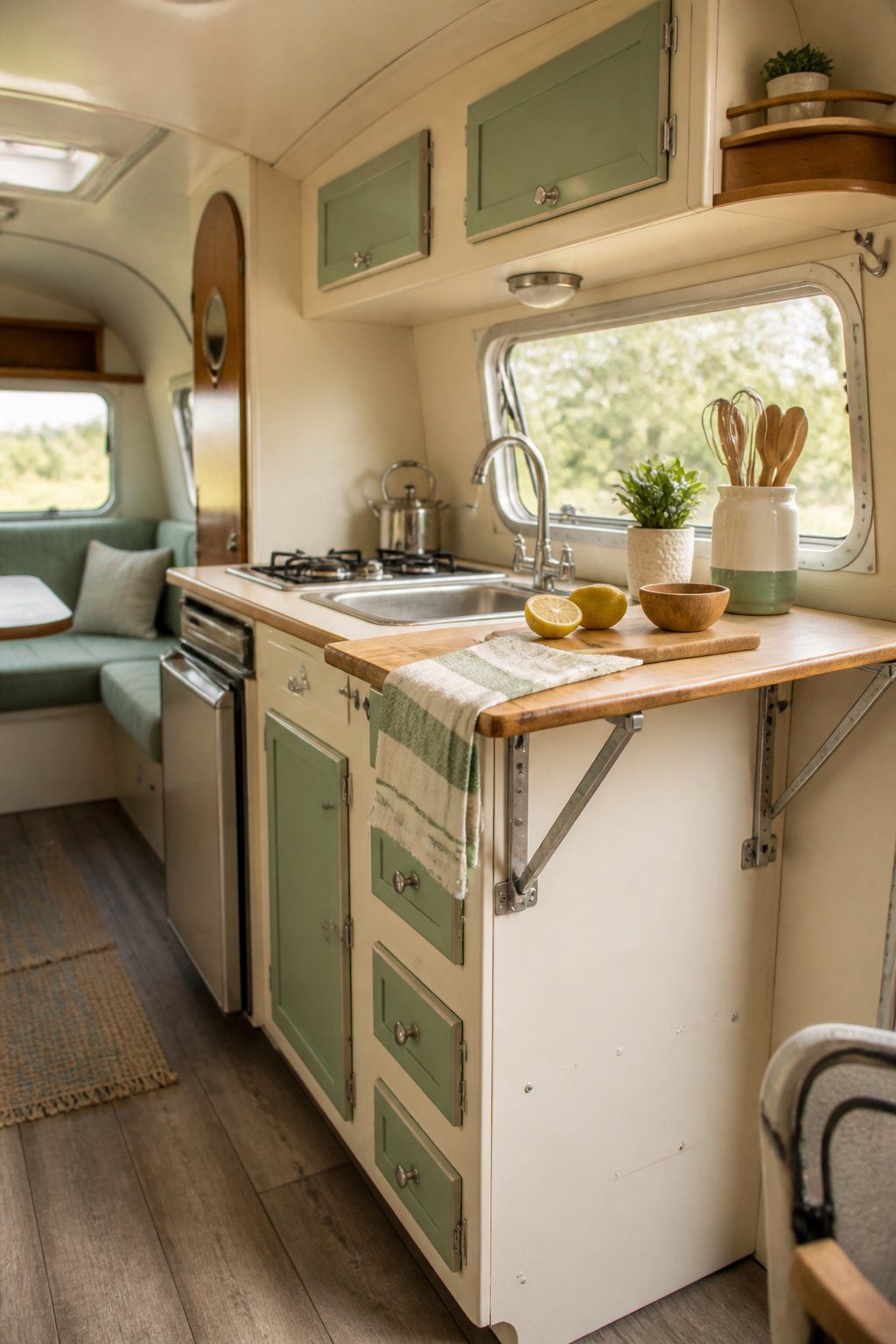 A compact vintage camper kitchen with a raised flip-up countertop extension.
