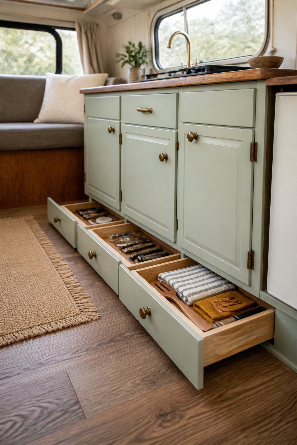 Toe-kick drawers provide storage beneath the cabinets in a compact vintage camper kitchen.