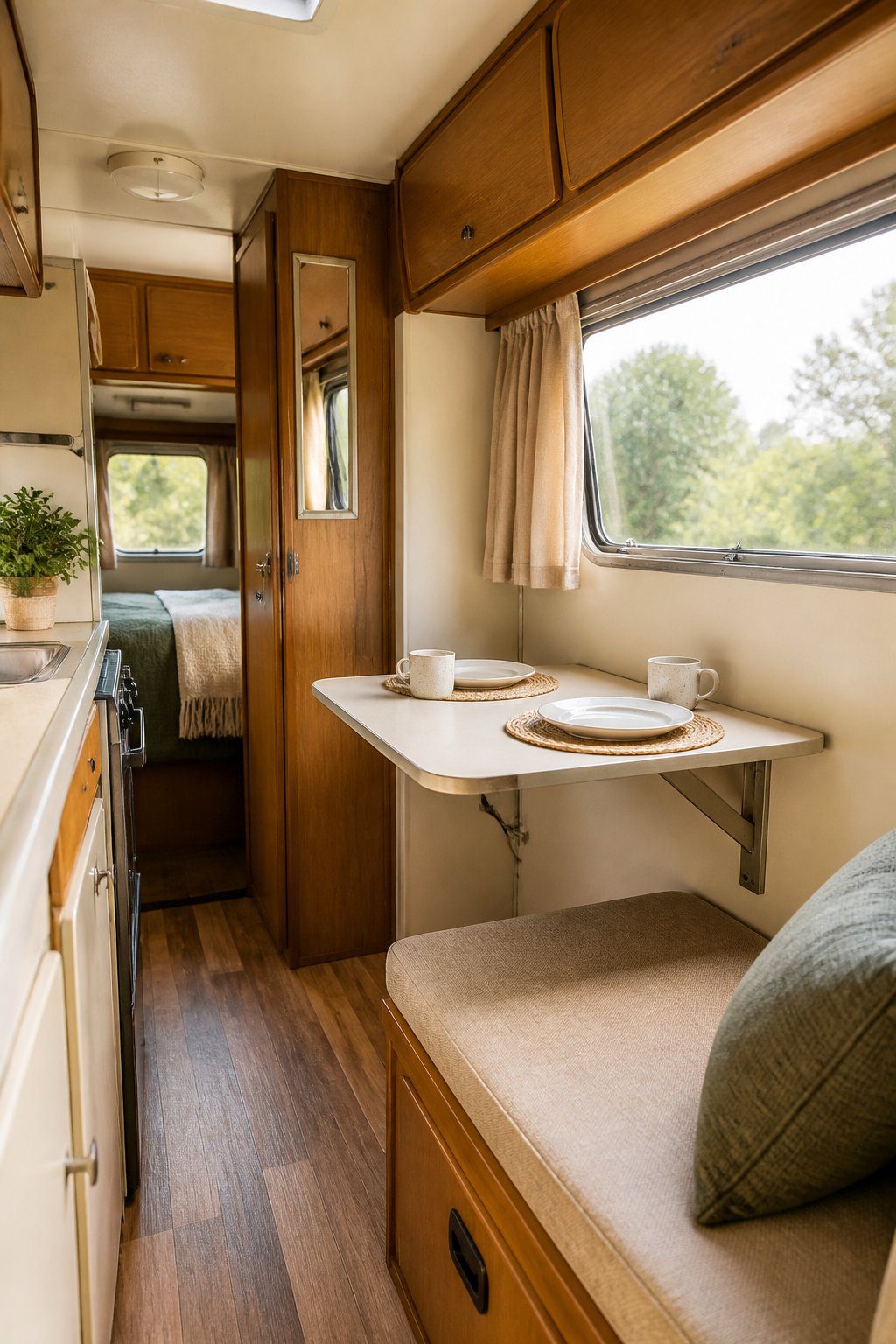 A compact vintage camper interior with a wall-mounted fold-down dining table set for two.