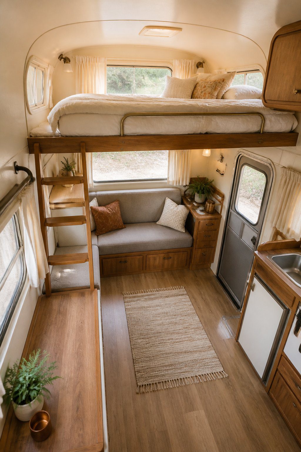 A renovated vintage camper with a cozy sleeping loft above a compact living area.
