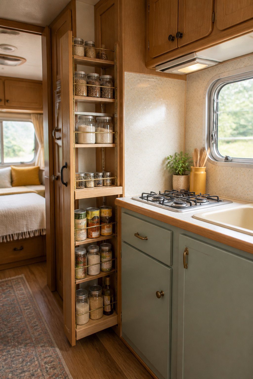 A compact vintage camper kitchen with a narrow slide-out pantry filled with organized food and cooking supplies.