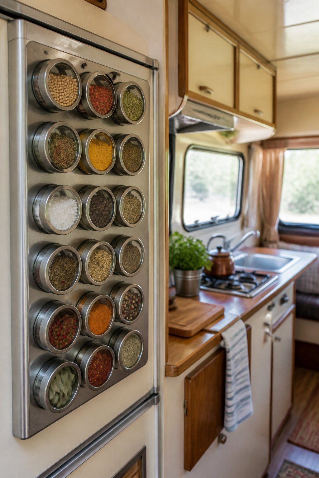 A compact vintage camper kitchen with spice containers arranged on a magnetic rack.