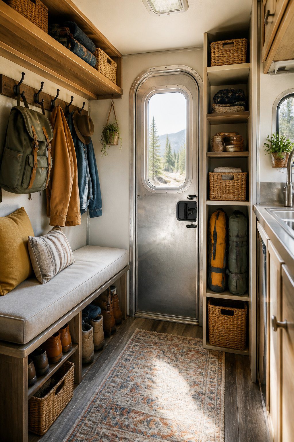 A compact vintage camper entryway organized with hooks, shelves, baskets, and neatly stored outdoor gear.