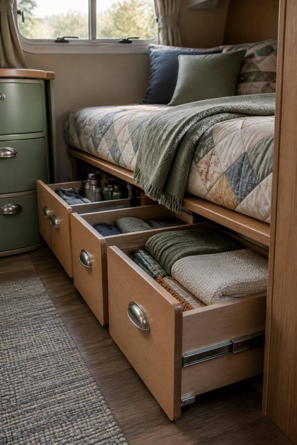 Rolling storage drawers filled with organized camping supplies beneath a bed in a vintage camper.