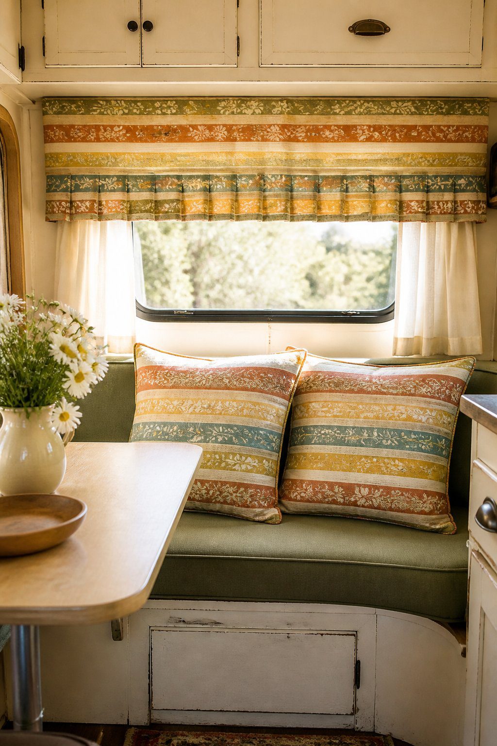A vintage camper dining area with a striped window valance and matching patterned cushion covers.