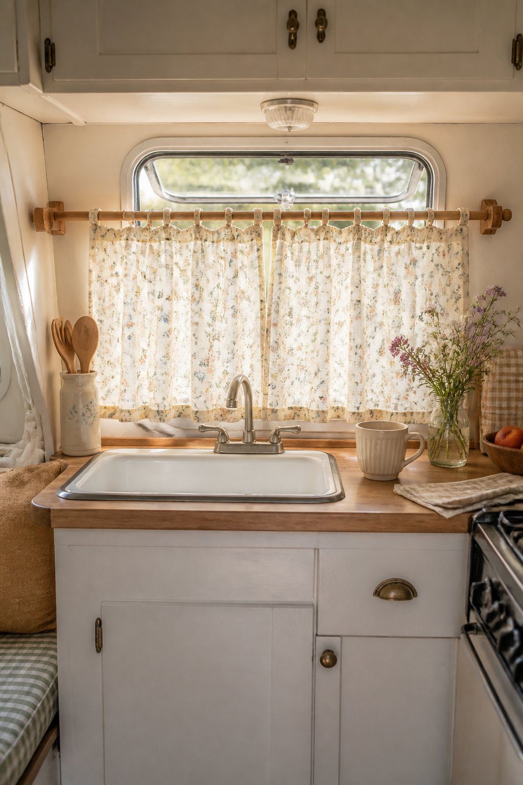 A vintage camper kitchenette with floral café curtains over a small window.