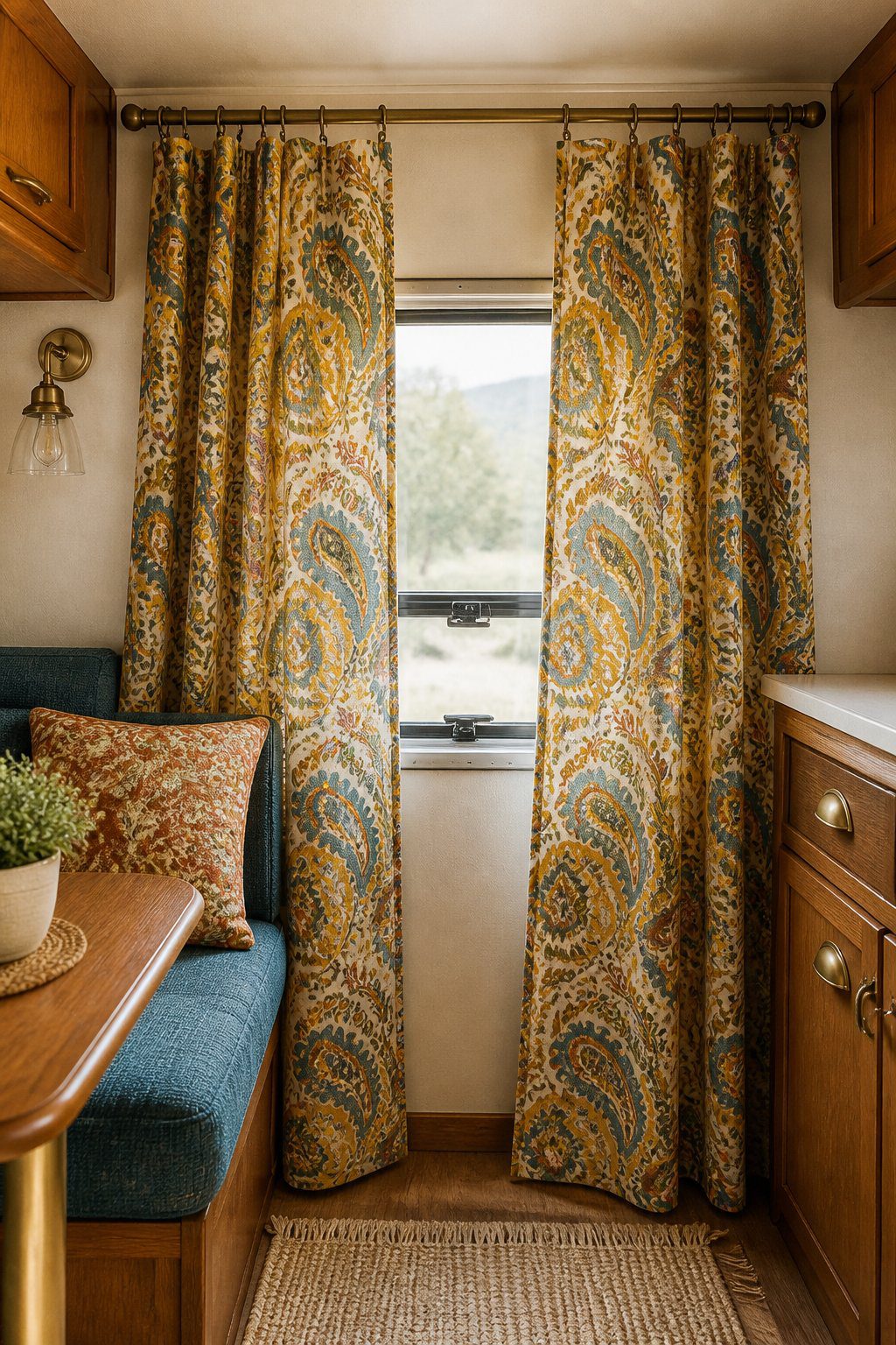 A vintage camper interior with mustard and teal paisley curtains framing a window.
