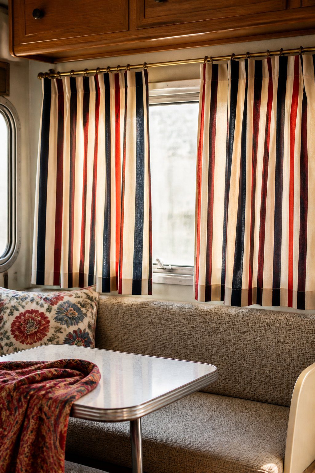 Red, white, and blue striped curtains hang inside a vintage camper beside floral and paisley accents.