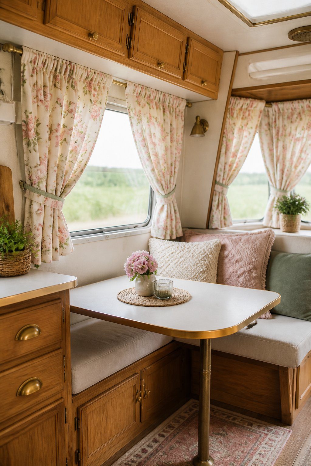 A cozy vintage camper dining nook with rosebud floral curtains, wood cabinetry, and soft romantic decor.