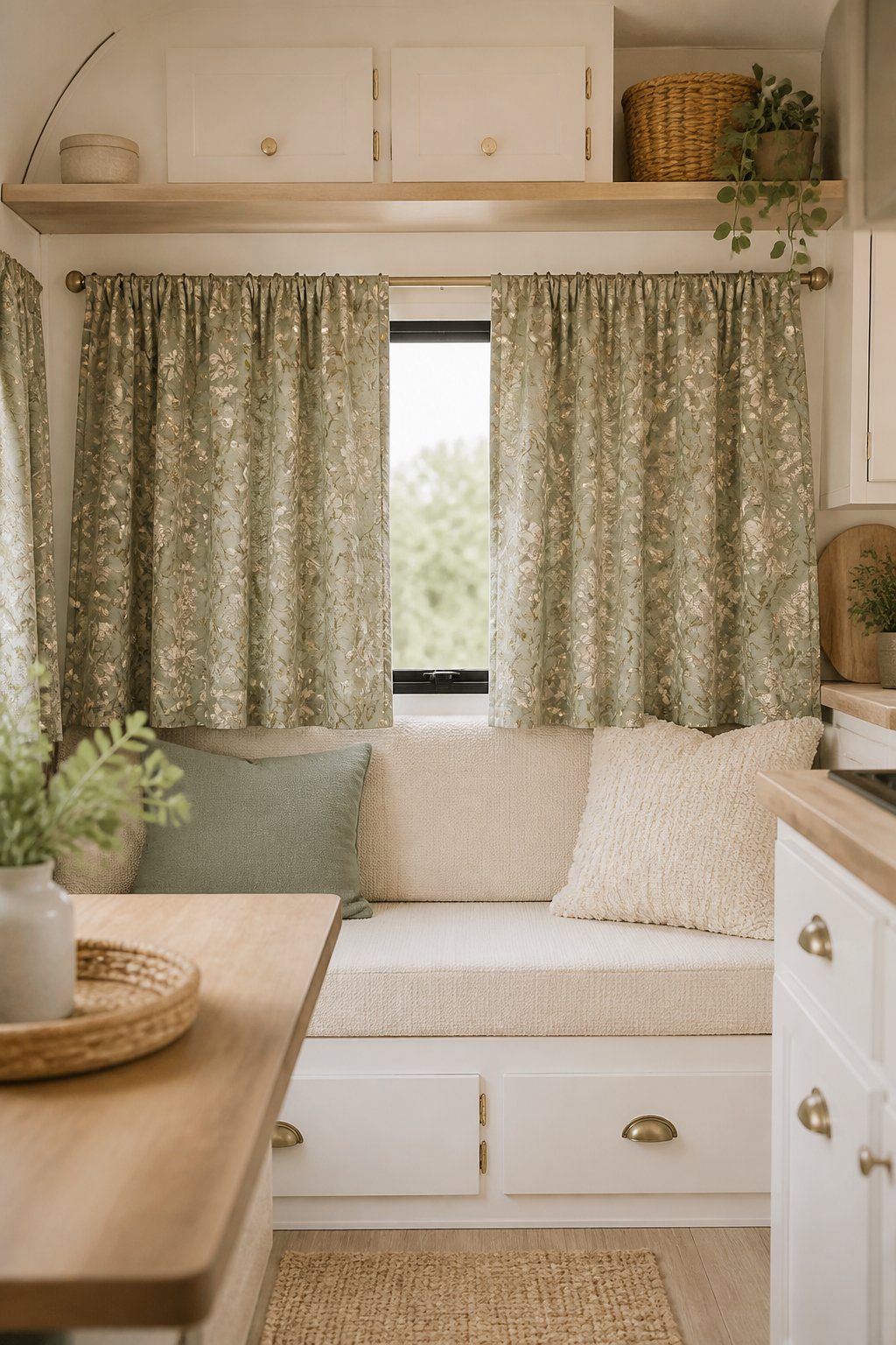 Muted sage floral curtains hang in a cozy camper interior.