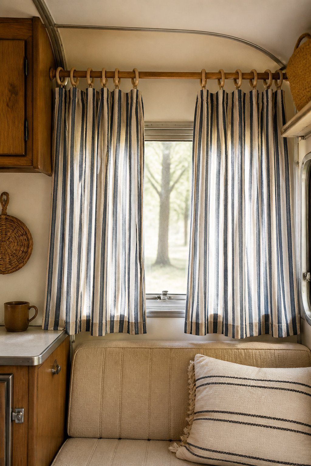 Navy-and-cream striped curtains hang from wooden rings inside a cozy vintage camper.
