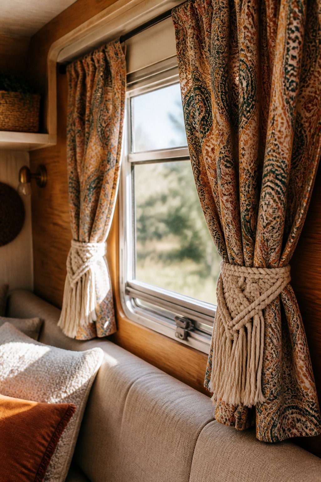 Paisley curtains are gathered beside a vintage camper window with macramé tiebacks.