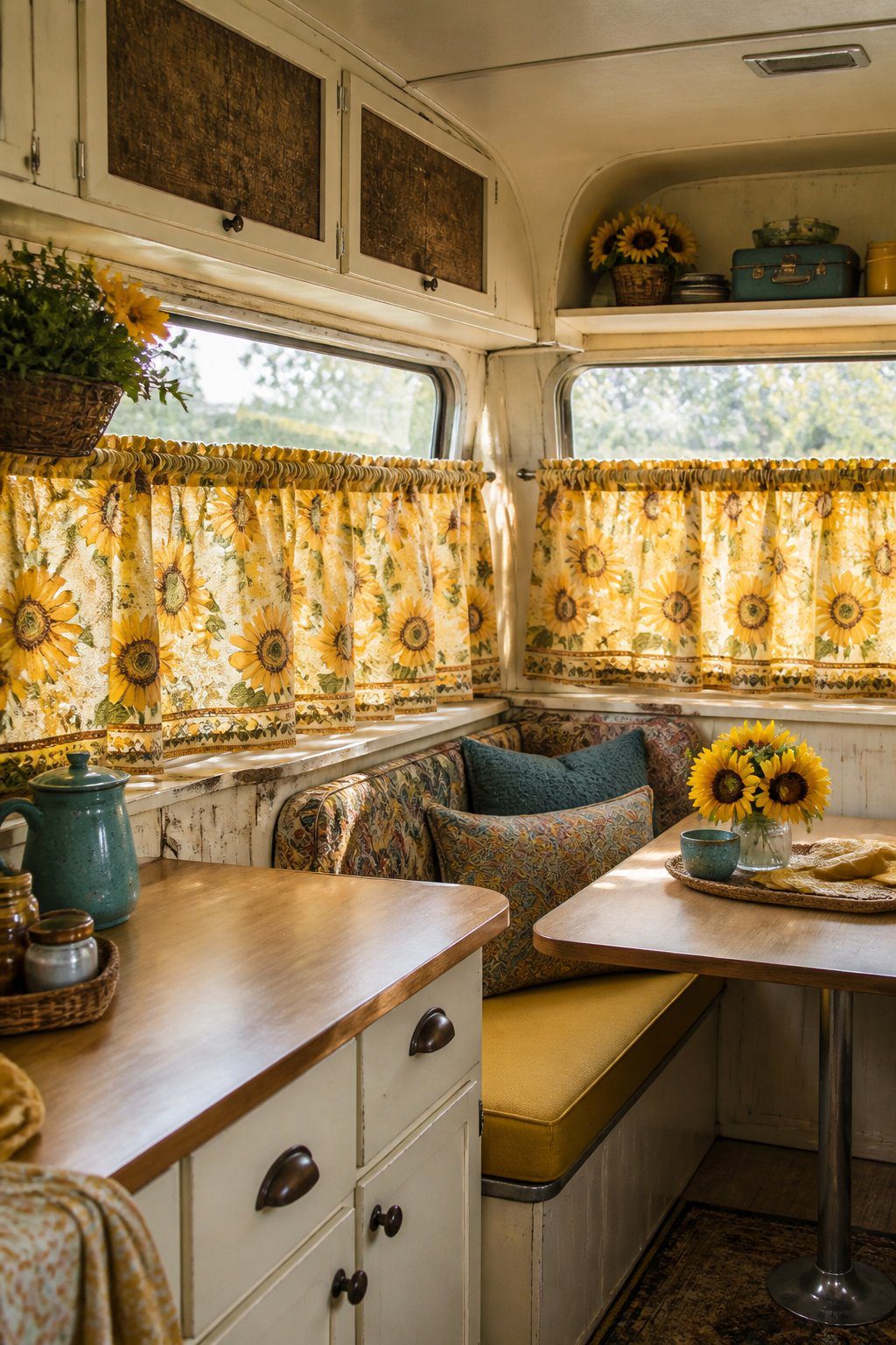 A vintage camper interior with bright sunflower café curtains over the windows.