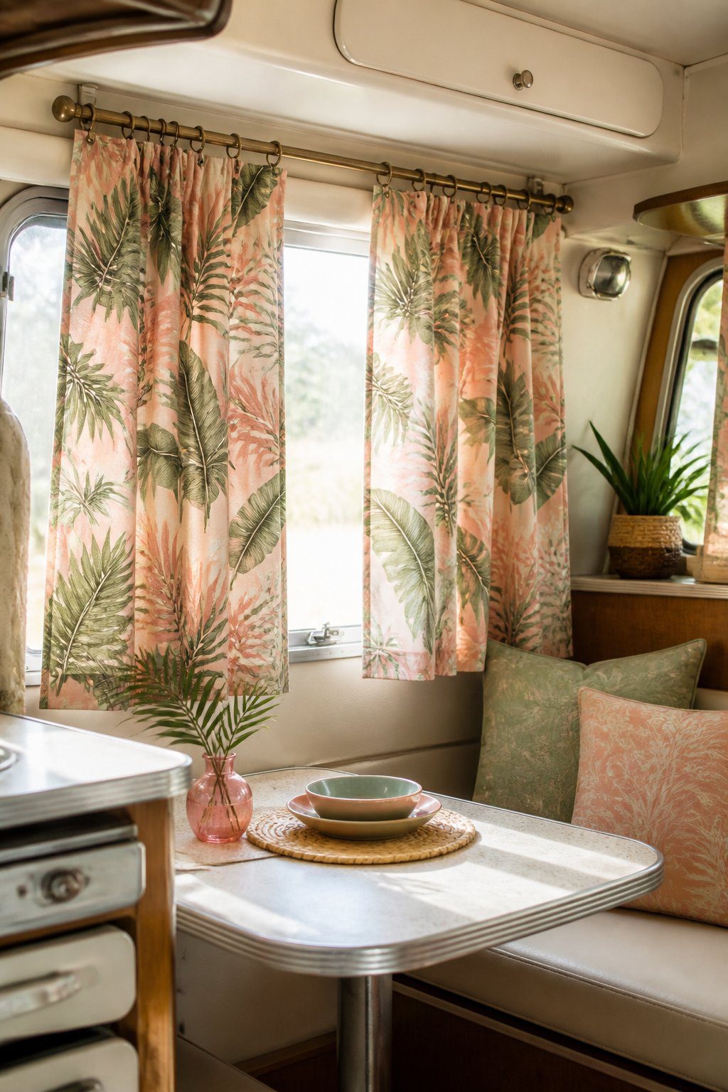 Pink-and-green palm-leaf curtains frame a sunlit window inside a vintage camper.