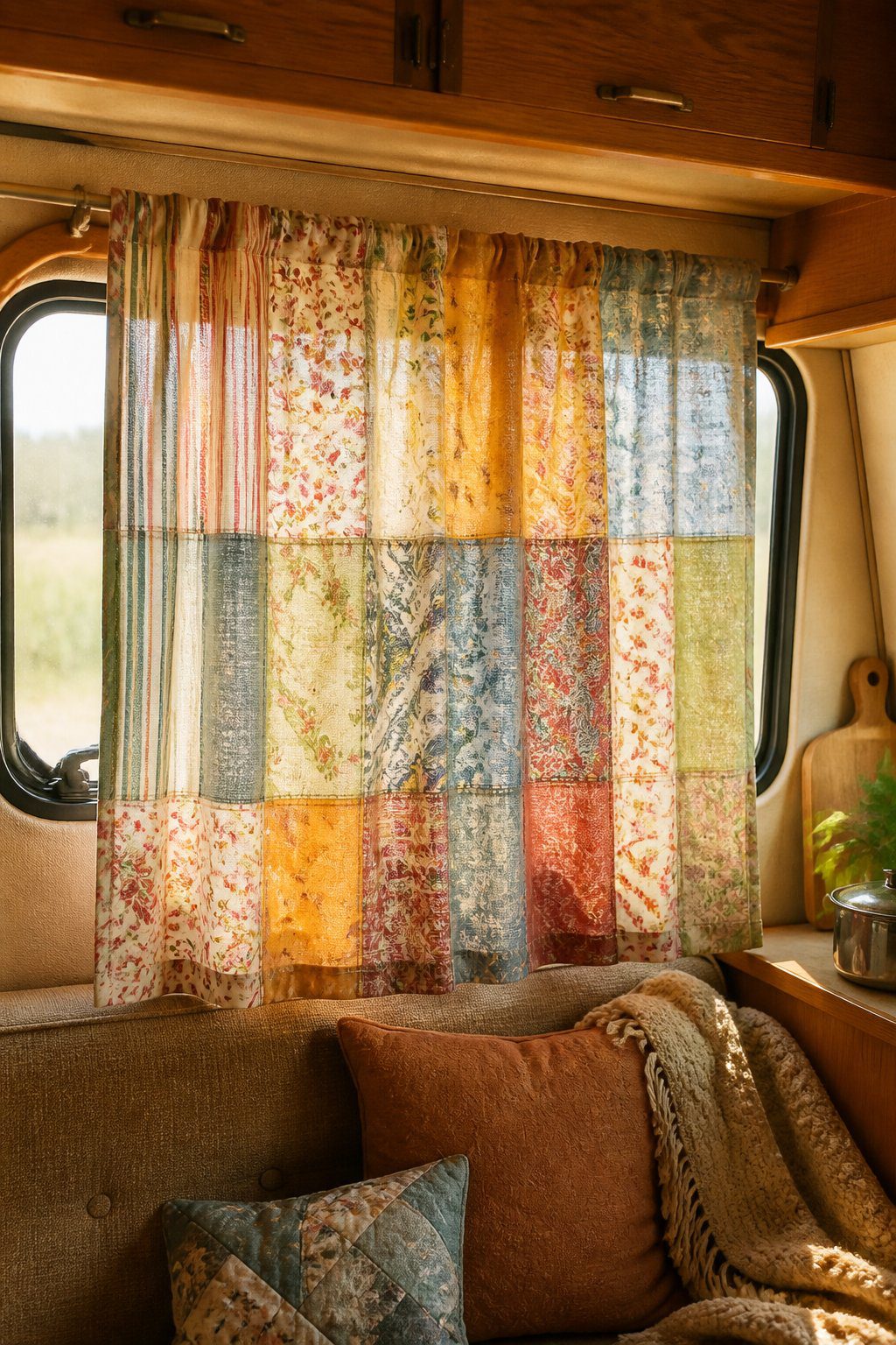 A patchwork curtain with striped, floral, and paisley fabrics hangs inside a cozy vintage camper.