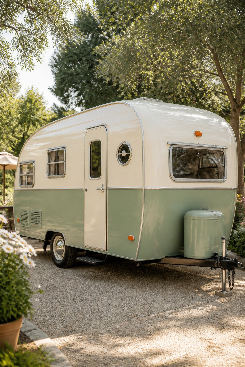 A restored vintage camper painted cream and sage green sits in a garden setting.