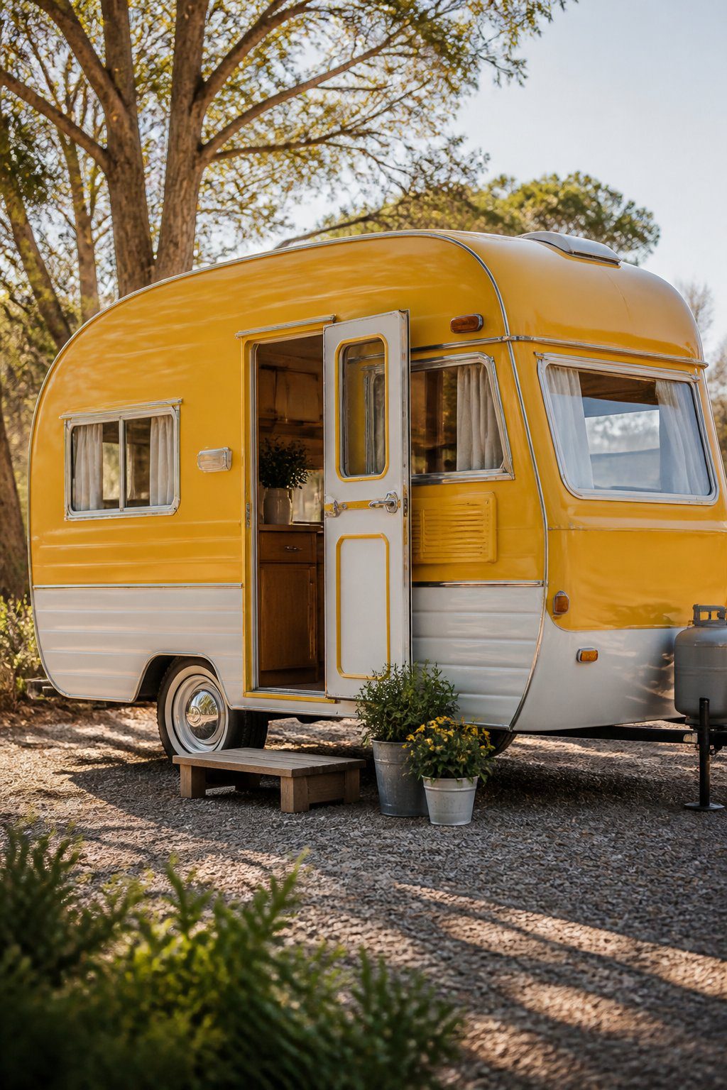 A renovated vintage camper with a bright sunflower-yellow exterior parked in a sunny outdoor setting.
