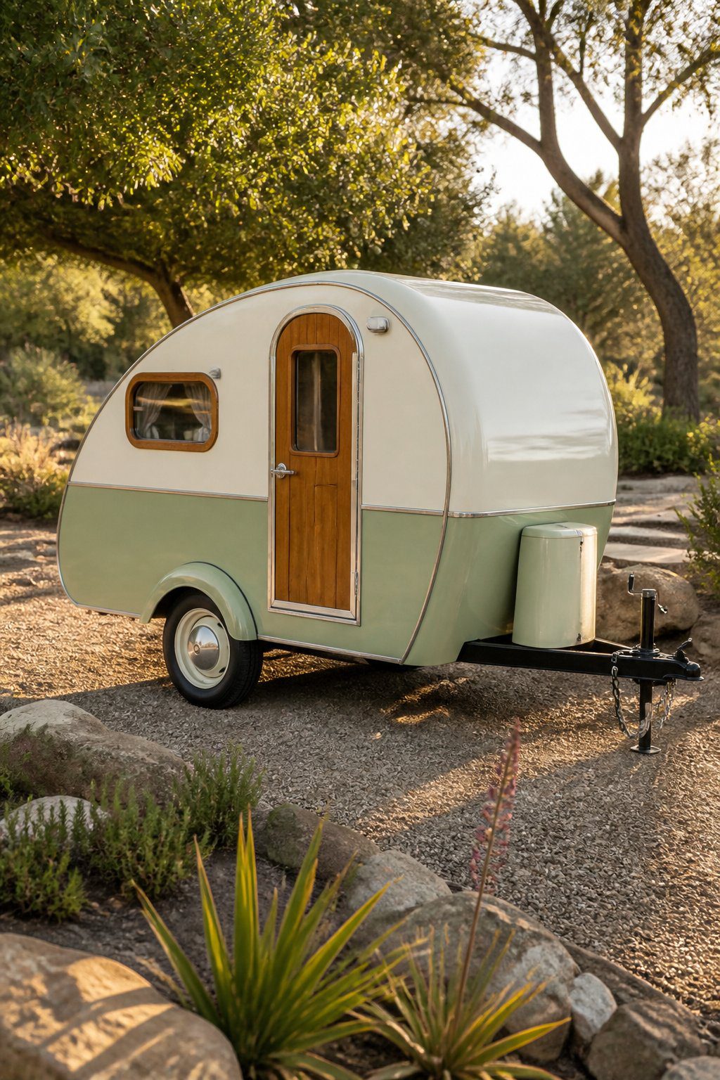 A restored cream and sage-green teardrop camper parked at a scenic campsite.