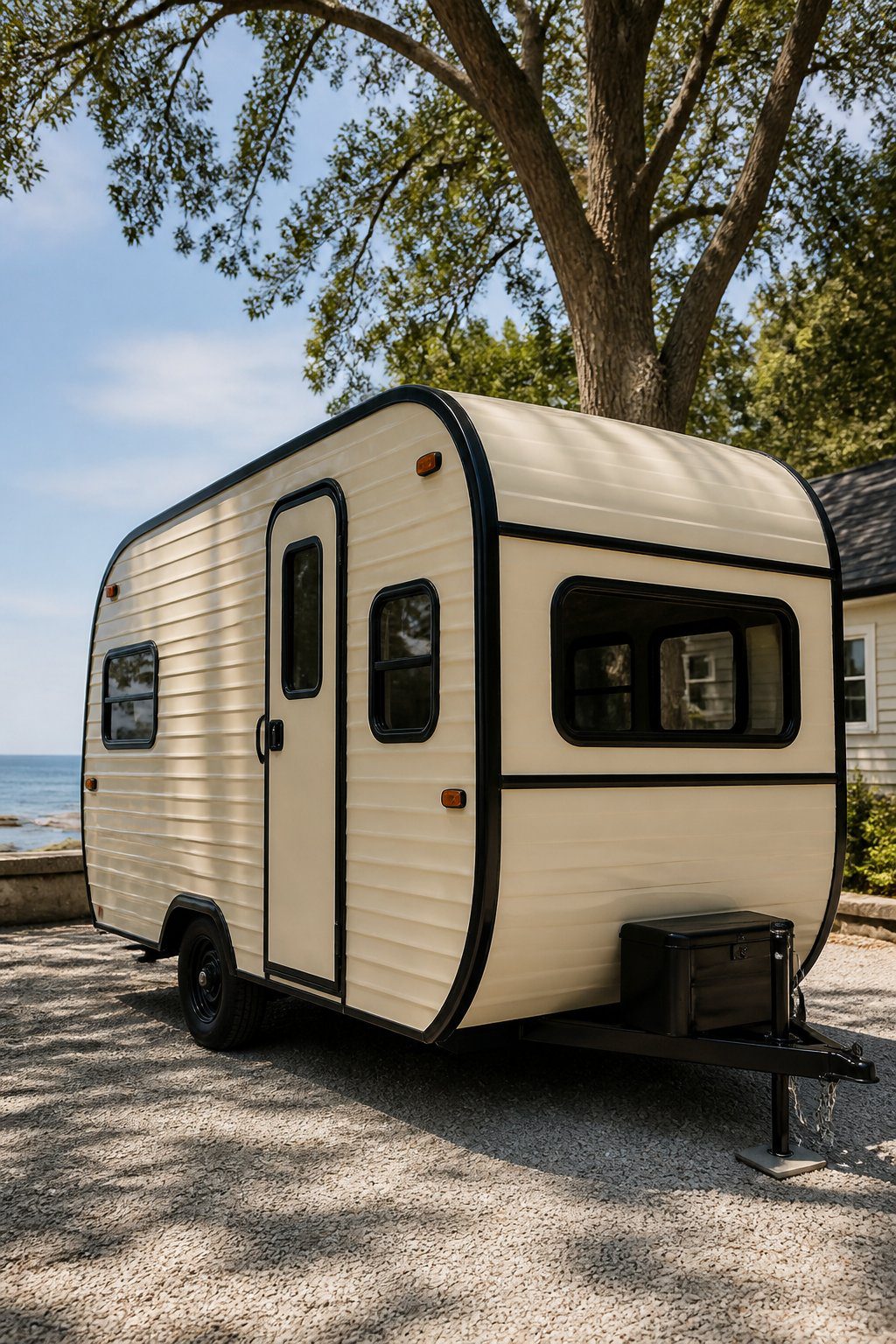 Renovated vintage camper with sleek matte black exterior trim parked outdoors.